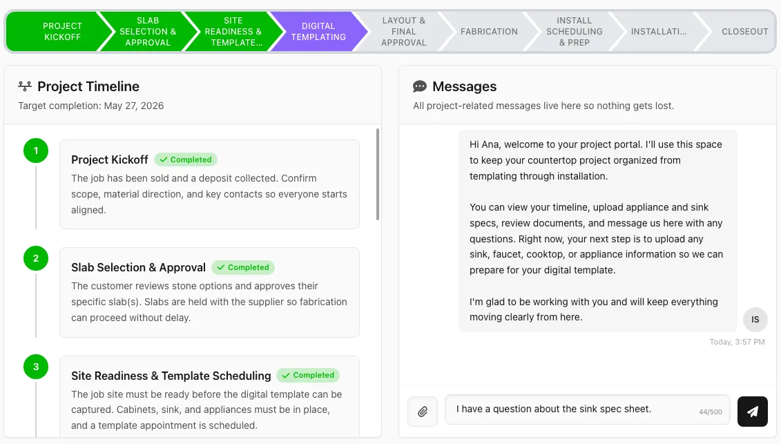 UpdatesPad client portal showing project timeline, approvals, and install schedule