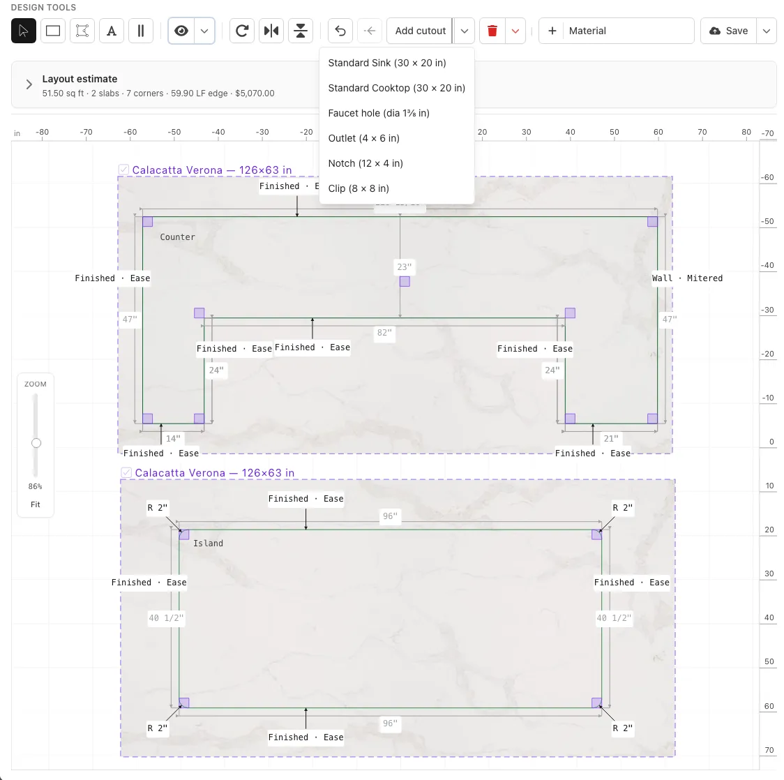 UpdatesPad countertop layout and design tools with slab planning and quote details