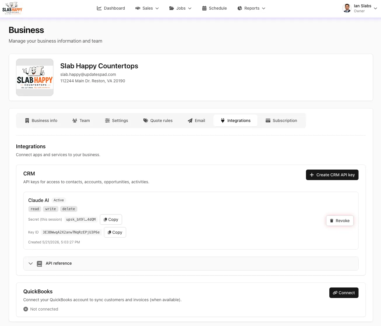 UpdatesPad integrations connecting to QuickBooks Online and CRM API